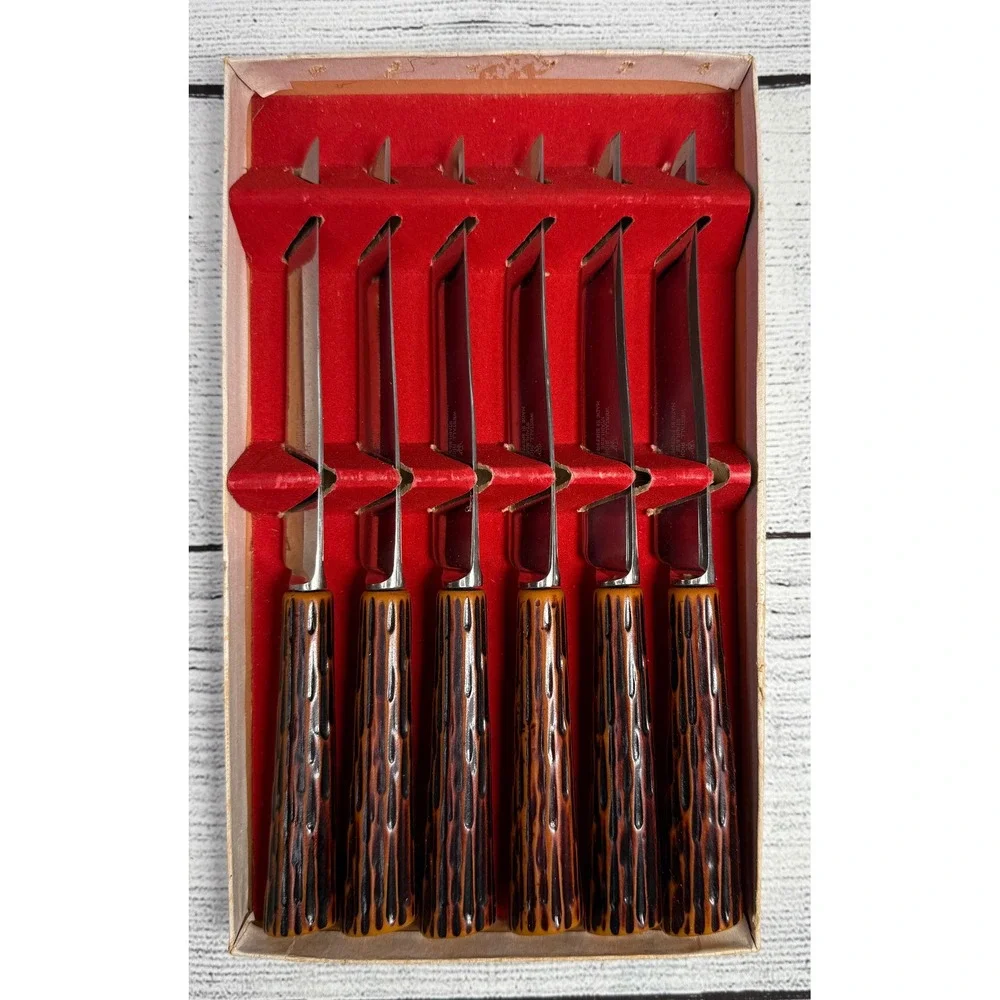 Westall Richardson Set‎ 6 Steak Knives Stainless England Bakelite Rustic Handles